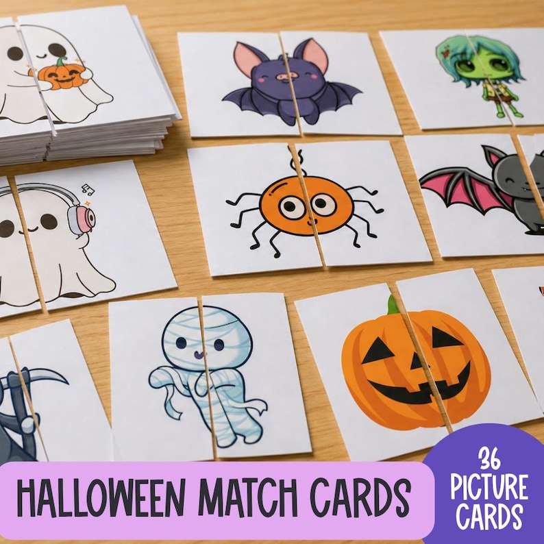 May include: A set of 36 Halloween match cards featuring illustrations of a ghost with a pumpkin, a bat, a green-haired character, a ghost with headphones, an orange spider, a bat with pink wings, a mummy, and a jack-o'-lantern.