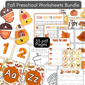 May include: A Fall Preschool Worksheets Bundle featuring 55 pdf pages of educational activities. The collection includes alphabet and number tracing sheets, I Spy games, line tracing exercises, and cut-out activities with autumn-themed graphics.