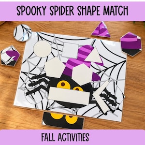 Halloween spindelformsmatchningsaktivitet, förskola höst utskrivbar, läskigt formmatchningsspel