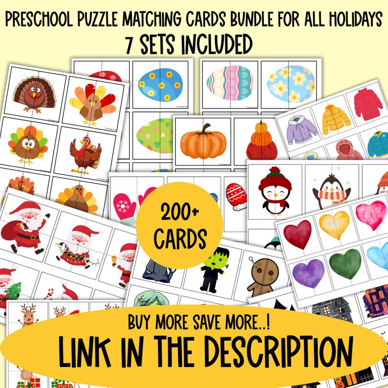 May include: A bundle of preschool puzzle matching cards featuring over 200 cards across 7 holiday sets. The cards display colorful illustrations of turkeys, Easter eggs, pumpkins, winter clothing, Santa Claus, penguins, hearts, and Halloween characters.