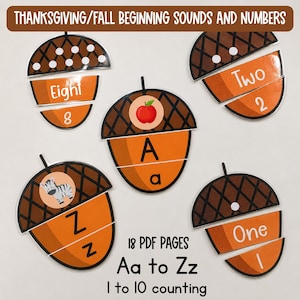 Może przedstawiać: Edukacyjne karty w kształcie żołędzi z tekstem THANKSGIVING/FALL BEGINNING SOUNDS AND NUMBERS. Zestaw zawiera 18 stron PDF z literami od Aa do Zz oraz cyframi od 1 do 10. Każdy żołądź przedstawia literę lub cyfrę wraz z ilustracjami.