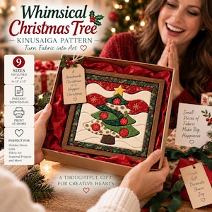 May include: A Kinusaiga pattern kit for a Whimsical Christmas Tree featuring a framed fabric art piece with a green tree, red ornaments, and a yellow star. The box includes text about 9 sizes from 4 inches to 12 inches and instant download.