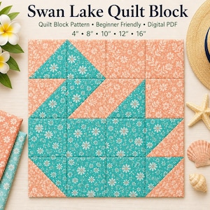 May include: A square quilt block featuring a swan design composed of teal and peach fabric squares with white floral patterns. The text reads Swan Lake Quilt Block, Quilt Block Pattern, Beginner Friendly, Digital PDF, 4, 8, 10, 12, 16 inches.