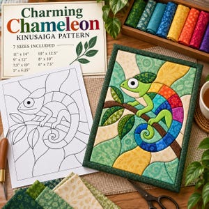 Puede incluir: Un kit de patrón Kinu-saiga titulado Charming Chameleon que incluye una pieza de arte en tela terminada de un camaleón verde, azul y naranja sobre una rama, una plantilla de dibujo lineal en blanco y negro y siete muestras de tela.