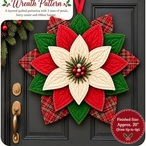 May include: A quilted poinsettia wreath pattern featuring a layered design with three sizes of petals, a berry center, and a red ribbon hanger. The finished size is approximately 20 inches from tip to tip. The text reads Quilted Poinsettia Wreath Pattern.