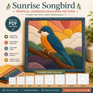以下が含まれることがあります： Sunrise Songbirdというタイトルの木目込み手芸用デジタルPDFパターン。青とオレンジの鳥が枝にとまり、背景に太陽と風景が描かれたデザイン。4x4インチから11x11インチまでの8種類の正方形サイズが含まれています。