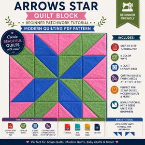 May include: Arrows Star Quilt Block beginner patchwork tutorial modern quilting PDF pattern. The square block features a geometric star design in pink, green, and blue fabric. Includes step-by-step PDF, 6 color ways, 6 quilt layout ideas, and cutting guide for 4, 8, 10, 12, and 16 inch sizes.