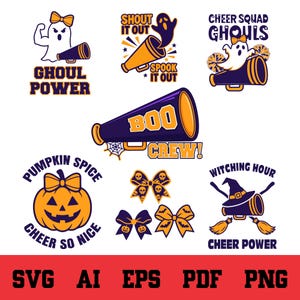 May include: A collection of Halloween-themed cheerleading graphics featuring ghosts, pumpkins, megaphones, and bows in orange, purple, and white. Text includes GHOUL POWER, SHOUT IT OUT SPOOK IT OUT, CHEER SQUAD GHOULS, BOO CREW, PUMPKIN SPICE CHEER SO NICE, and WITCHING HOUR CHEER POWER.