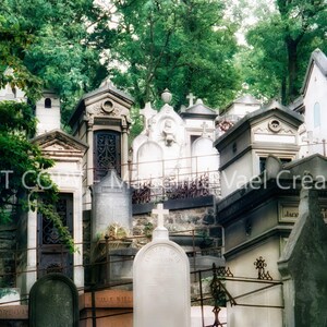Może przedstawiać: Scena cmentarna przedstawiająca liczne kamienne mauzolea i nagrobki o różnej wysokości i stylach architektonicznych, na tle gęstych zielonych drzew. Budowle wykonane są głównie z białego i szarego kamienia z metalowymi bramami.