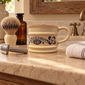 Może przedstawiać: Kremowy ceramiczny kubek do golenia z brązową grafiką zawierającą napis "BARBERSHOP" oraz "OLDFASHIONED LUXURY". Kubkowi towarzyszy pędzel do golenia z kremową rączką oraz srebrzysta metalowa maszynka do golenia o teksturowanej rękojeści.