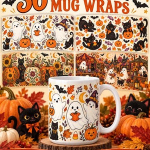 May include: A white ceramic mug featuring a Halloween pattern of ghosts, black cats, pumpkins, and autumn leaves. The image displays 36 Halloween mug wraps with various seasonal designs, including text that reads 36 HALLOWEEN MUG WRAPS and DIGITAL DOWNLOAD.