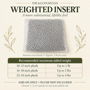 May include: A square weighted insert filled with small silver stainless-steel beads inside a white mesh pouch. Text reads: DRAGONMOSS WEIGHTED INSERT, A more substantial, lifelike feel, Stainless-steel beads, Approx. 1 lb per pack, Recommended maximum added weight.