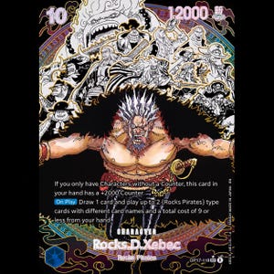 May include: A One Piece trading card featuring Rocks D. Xebec with a black fur collar, dark pants, and a sword. The background displays various pirate characters in black and white. Text includes the name Rocks D. Xebec, 12000 power, and card effects.