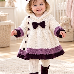 May include: A cream-coloured hooded crochet coat featuring a dark purple bow at the neckline, dark purple cuffs, and a dark purple hem. The coat has a side-button closure with dark purple buttons and is paired with cream-coloured leggings and dark purple boots.