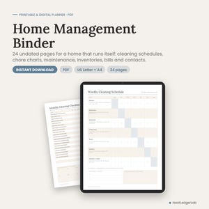May include: A digital Home Management Binder with 24 undated pages including cleaning schedules, chore charts, maintenance, inventories, bills, and contacts. The display shows a Weekly Cleaning Schedule and a Monthly Cleaning Checklist in US Letter and A4.