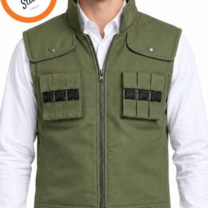 Tactisch vest voor heren in olijfgroen met borstzakken, rode ronde patch op de rug, cosplay-kostuum, utility vest in militaire stijl, cadeau voor hem