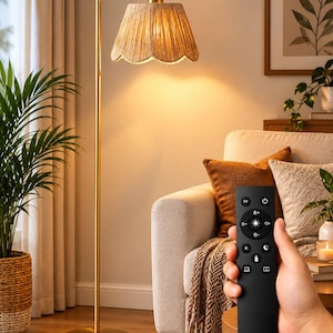 May include: A floor lamp with a slender gold-toned metal stand and a circular base. The lamp features a textured, light brown woven lampshade with a scalloped bottom edge. A black remote control with various function buttons is held in the foreground.