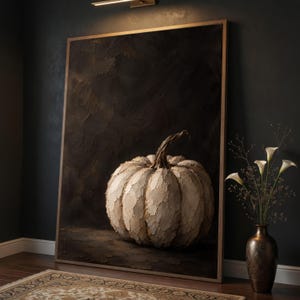 May include: A large rectangular framed wall art piece featuring a textured, off-white pumpkin with a prominent stem set against a dark, moody, impasto-style background. The artwork displays deep brown and black tones with visible brushwork.