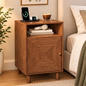 Nightstand with Charging Station | Modern Brown Bedside Table, Wood End Table Storage