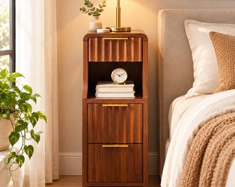 Walnut Narrow Fluted Nightstand | Slim Bedside Table, 3 Drawers, Skinny End Table