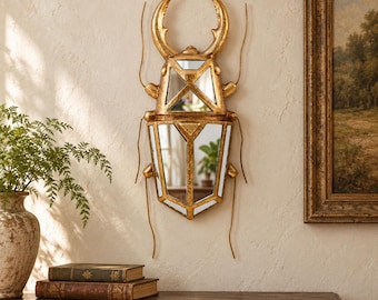 Stag Beetle Mirror, Gold or Silver Insect Wall Decor, Vintage Resin Bug Mirror, Dark Academia Decor, Nature Lover Gift