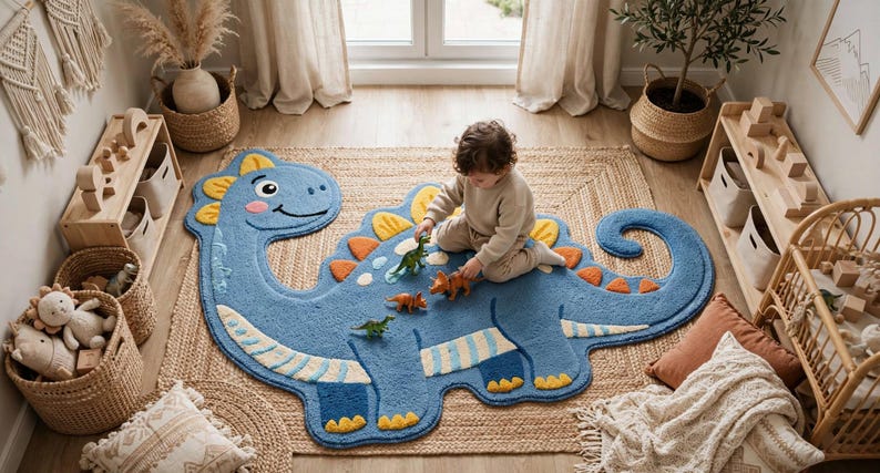 Play Area Rug Design Blue Dinosaur Kids Rug, Playful Nursery Area Rug for Boys (textured ...
