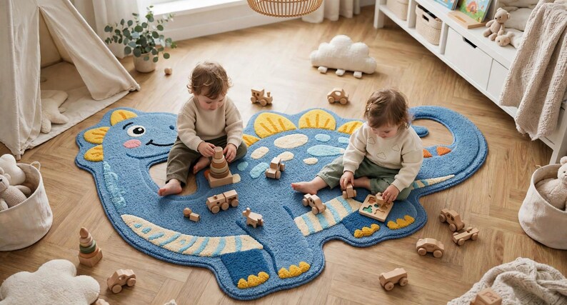 Play Area Rug Design Blue Dinosaur Kids Rug, Playful Nursery Area Rug for Boys (textured ...