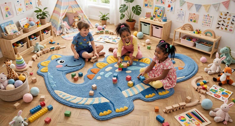 Play Area Rug Design Blue Dinosaur Kids Rug, Playful Nursery Area Rug for Boys (textured ...