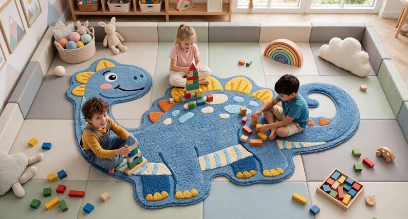 Play Area Rug Design Blue Dinosaur Kids Rug, Playful Nursery Area Rug for Boys (textured ...