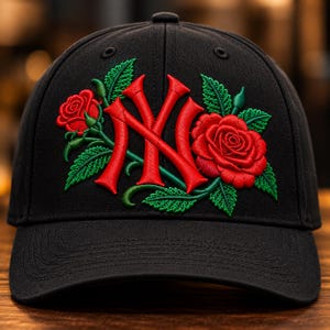 May include: A black baseball cap featuring a prominent red embroidered NY logo at the center. The logo is flanked by two detailed red roses with green leaves and stems, all rendered in high-relief embroidery across the front panels of the cap.