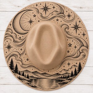 Celestial Hat Burning Pattern, Moon Stars Mountain Hat Brim Design, Pyrography Template SVG PNG