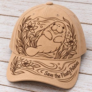 May include: A tan baseball cap featuring a dark brown line art illustration of a manatee swimming among water lilies and bubbles. The text "Save the Floaty Potatoes" is printed in a dark brown script font on the brim of the cap.