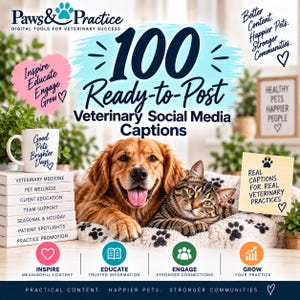 Puede incluir: Un anuncio de producto digital titulado 100 Ready-to-Post Veterinary Social Media Captions con un golden retriever y un gato atigrado. La imagen incluye texto sobre éxito veterinario, bienestar animal y estrategias de redes sociales.