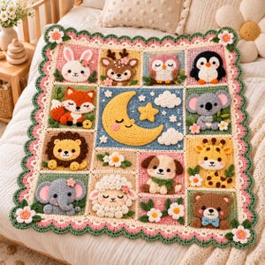 Könnte beinhalten: Eine quadratische Häkeldecke mit einem gewellten grünen und rosafarbenen Rand mit weißen Blumen. Die Decke besteht aus zwölf Quadraten, die ein weißes Kaninchen, Reh, Eule, Pinguin, Fuchs, Mond, Stern, Koala, Löwe, Elefant, Schaf, Hund, Giraffe und Bär darstellen.