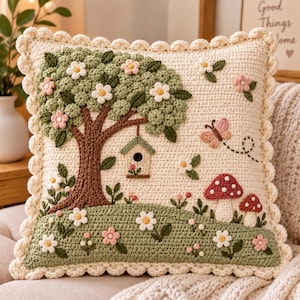 Patrón de ganchillo para cojín de jardín, cojín con aplique de árbol, decoración primaveral estilo cottagecore, PDF con diseño floral de setas y casita para pájaros