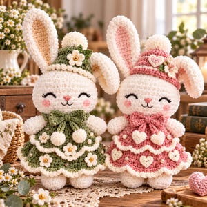 Può includere: Due coniglietti di peluche all'uncinetto con corpo in filato bianco. Il coniglio a sinistra indossa un vestito e un cappello verdi con fiori bianchi e perle. Quello a destra indossa un vestito e un cappello rosa con cuori bianchi.