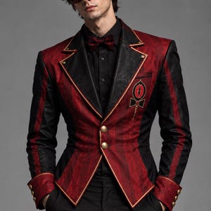 May include: A structured blazer featuring a deep red and black color scheme with vertical stripes, black lapels, gold-toned buttons, and a gold embroidered emblem on the chest. The garment is worn over a black button-down shirt with a matching red bow tie.