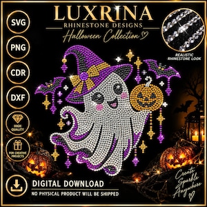 May include: A digital design featuring a ghost wearing a purple witch hat and holding a jack-o'-lantern, decorated with rhinestones. The image includes bats, stars, and the text LUXRINA RHINESTONE DESIGNS HALLOWEEN COLLECTION.