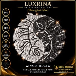 Könnte beinhalten: Ein digitales Design eines Monstera-Blattes in Form eines Yin-Yang-Symbols, gestaltet mit schwarzen und weißen Strasssteinen. Der Text LUXRINA RHINESTONE DESIGNS Shine Your Ideas ist sichtbar. Maße: 18,36 cm Breite und 18,82 cm Höhe.