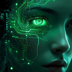 May include: A digital portrait of a face featuring glowing green circuit board patterns integrated into the skin. The eyes are illuminated with a bright green light, and the overall aesthetic is dominated by dark tones and vibrant neon green lines.