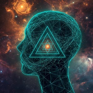 May include: A digital illustration of a human head in profile, constructed from a teal wireframe mesh. A glowing teal triangle containing a smaller star shape is centered within the head, set against a vibrant nebula background of orange and purple.
