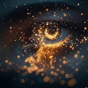 May include: A human eye depicted in a dark, deep blue setting, featuring a glowing golden iris and pupil. The eye is surrounded by a dense cloud of shimmering, floating golden particles that radiate outward, creating a bright, luminous effect.