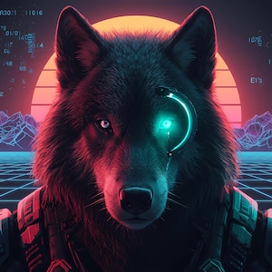 May include: A digital illustration of a wolf with dark fur, featuring a glowing cyan cybernetic eyepiece over one eye. The wolf is set against a background with a large orange sun, a grid floor, and floating binary code digits in the air.