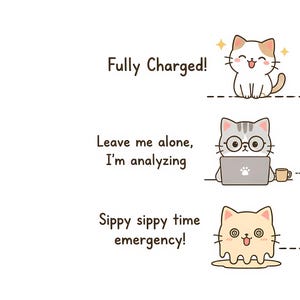 May include: A vertical battery level indicator with three segments: green, yellow, and red. Next to the green segment is a happy cat and the text Fully Charged!. Next to the yellow segment is a cat with glasses using a laptop and the text Leave me alone, I'm analyzing. Next to the red segment is a melting cat and the text Sippy sippy time emergency!.