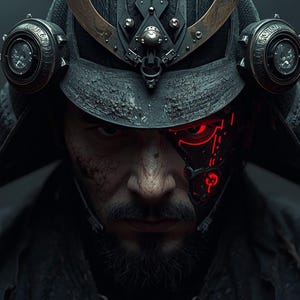 May include: A dark, weathered samurai helmet with metallic circular side ornaments and a central crest. The wearer has a beard and a glowing red cybernetic eye implant on the left side of the face, set against a dark, smoky background.