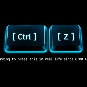 May include: Two black computer keyboard keys labelled Ctrl and Z, illuminated with a glowing blue light around their edges. Below the keys, the white text reads: trying to press this in real life since 8:00 AM. The background is solid black.