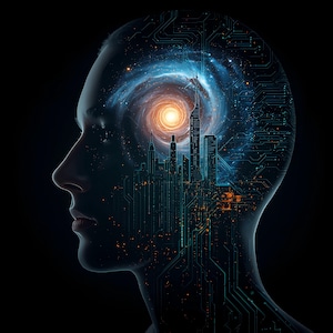 May include: A profile silhouette of a human head against a black background, containing a glowing blue and orange spiral galaxy, a dark city skyline with tall skyscrapers, and intricate circuit board patterns in shades of blue and orange.
