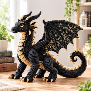 May include: A crocheted dragon figurine featuring a black body with gold-colored accents on the underbelly, horns, claws, and tail spikes. The dragon has large yellow eyes and expansive black wings decorated with intricate gold-colored branch patterns.