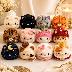 May include: A collection of twelve round, crocheted cat plushies in various colors and designs, including solid colors, striped patterns, and cats wearing accessories like a strawberry hat, a mushroom cap, a crown, a bow, and a moon.