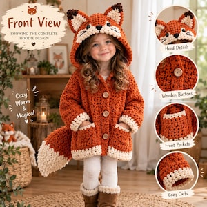 May include: A rust-orange crochet hoodie featuring a fox-themed hood with ears, a long tail, and cream-colored trim. The garment includes three wooden buttons down the front, two front pockets, and long sleeves with cream cuffs.